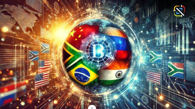 Digital illustration of BRICS Pay initiative showing the flags of Brazil, Russia, India, China, and South Africa merging into a digital currency symbol, set against a backdrop of global financial symbols and digital networks, symbolizing economic unity and independence from the U.S. dollar.