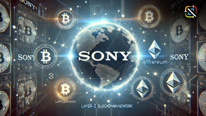 Digital illustration of Sony's 'Soneium' layer-2 blockchain network featuring a futuristic globe with interconnected nodes and digital currency symbols like Bitcoin and Ethereum, centered around the luminous SONY logo, symbolizing advanced technology and global connectivity in the blockchain and Web3 space.