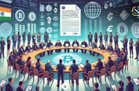 Digital illustration depicting a diverse group of Indian stakeholders, including government officials and financial experts, discussing cryptocurrency regulations around a large table in a modern conference room with digital screens displaying global financial symbols and cryptocurrency logos, symbolizing collaborative efforts in regulating the digital asset market in India