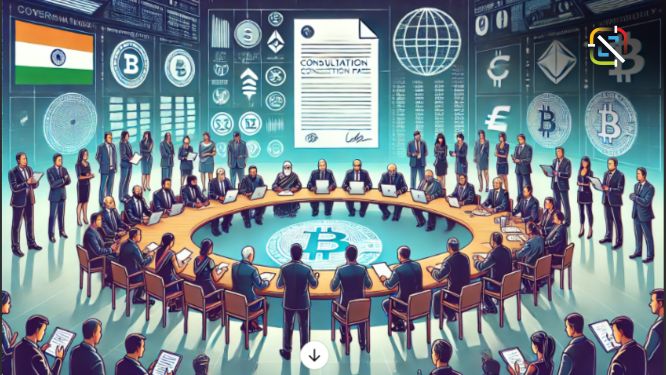 Digital illustration depicting a diverse group of Indian stakeholders, including government officials and financial experts, discussing cryptocurrency regulations around a large table in a modern conference room with digital screens displaying global financial symbols and cryptocurrency logos, symbolizing collaborative efforts in regulating the digital asset market in India