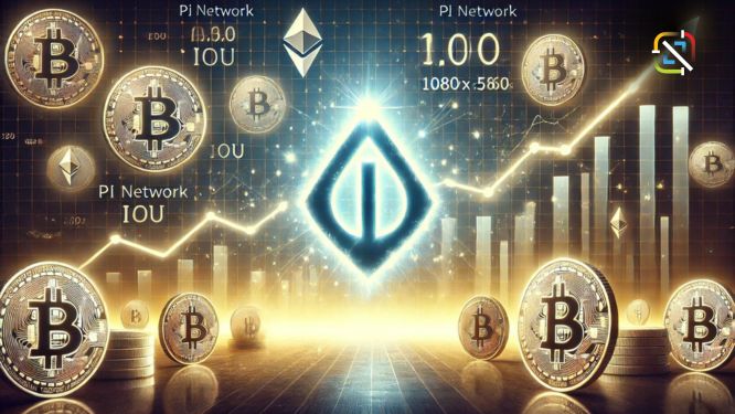 Digital illustration of Pi Network's IOU price remaining flat amidst rising cryptocurrency symbols like Bitcoin and Ethereum, with a financial chart in the background showing Pi's stagnant price line contrasted against the upward trends of other cryptocurrencies, emphasizing market dynamics and anticipation.