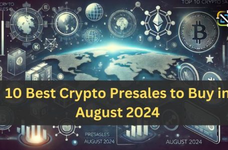 Digital illustration showcasing symbols and icons representing top crypto presales in August 2024, including elements of virtual reality, decentralized finance, and blockchain technology, set against a digital world map, highlighting global investment opportunities in a sleek and professional design.