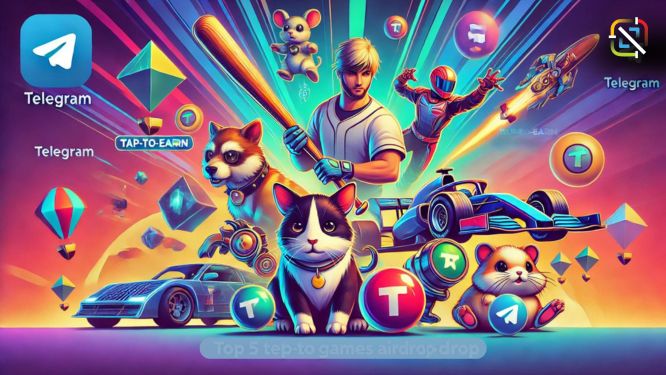 Dynamic digital illustration showcasing vibrant graphics representing various game themes including a baseball bat, charging bull, playful hamster, cyberpunk pet, and race car, set against a backdrop subtly incorporating Telegram app elements, highlighting the top Telegram games with airdrop potential.