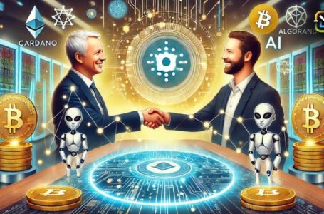 Digital illustration of Charles Hoskinson and Gary Malouf shaking hands over a futuristic table, with blockchain networks and AI elements in the background, symbolizing the potential Cardano and Algorand partnership in decentralized AI development.