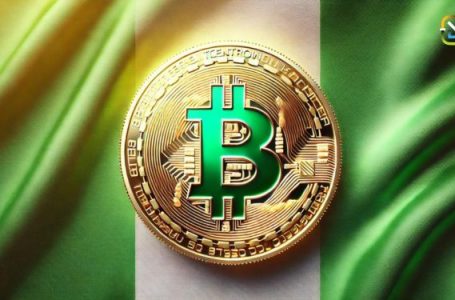 An image featuring the Nigerian flag as the background, with three vertical stripes of green, white, and green. In the center, a golden, metallic Bitcoin symbol is prominently displayed, reflecting light and integrating smoothly with the flag's colors. The design highlights the connection between Nigeria and cryptocurrency, blending traditional national elements with a modern digital symbol.