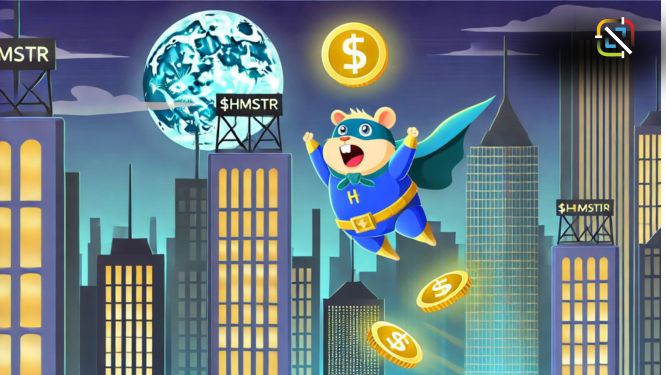 A wide-aspect digital illustration featuring a cityscape at dusk with tall buildings. In the foreground, a hamster character dressed in a superhero-like blue suit and cape is mid-jump, reaching for golden coins in the sky. The buildings display the text '$HMSTR' with a glowing coin symbol on top. The background includes a large, glowing moon, adding to the dynamic and adventurous atmosphere.